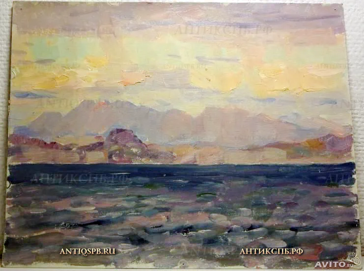 90. Этюд "Закат на море". Картон, масло. Художник: Бантиков А.С. СССР. Сер. XX века.